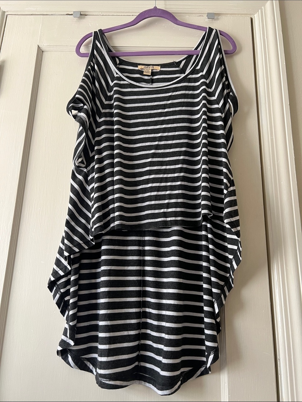 David Kahn Black and White Striped Cold-Shoulder Tank